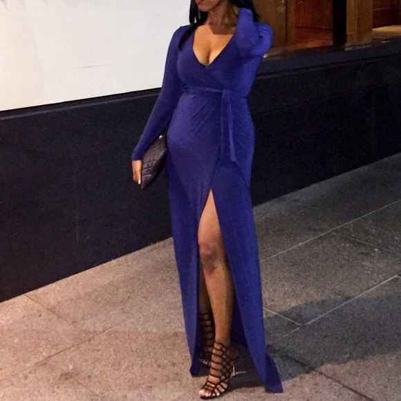 Missguided Wrap front navy blue long dress size 4 - Picture 2 of 5